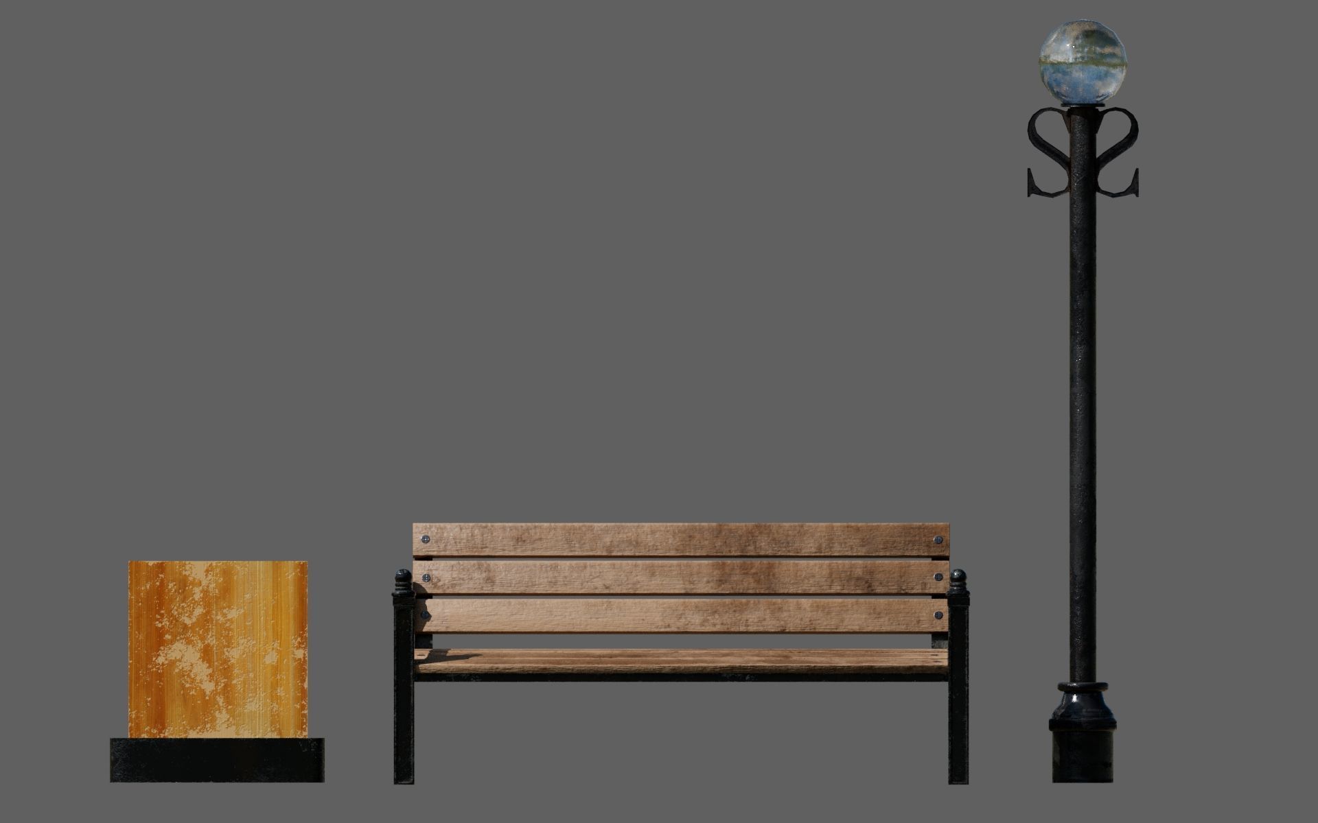 Urban Bench Set - 3 Variations - Trash Bin and Street Lamp Low-poly 3D model_25