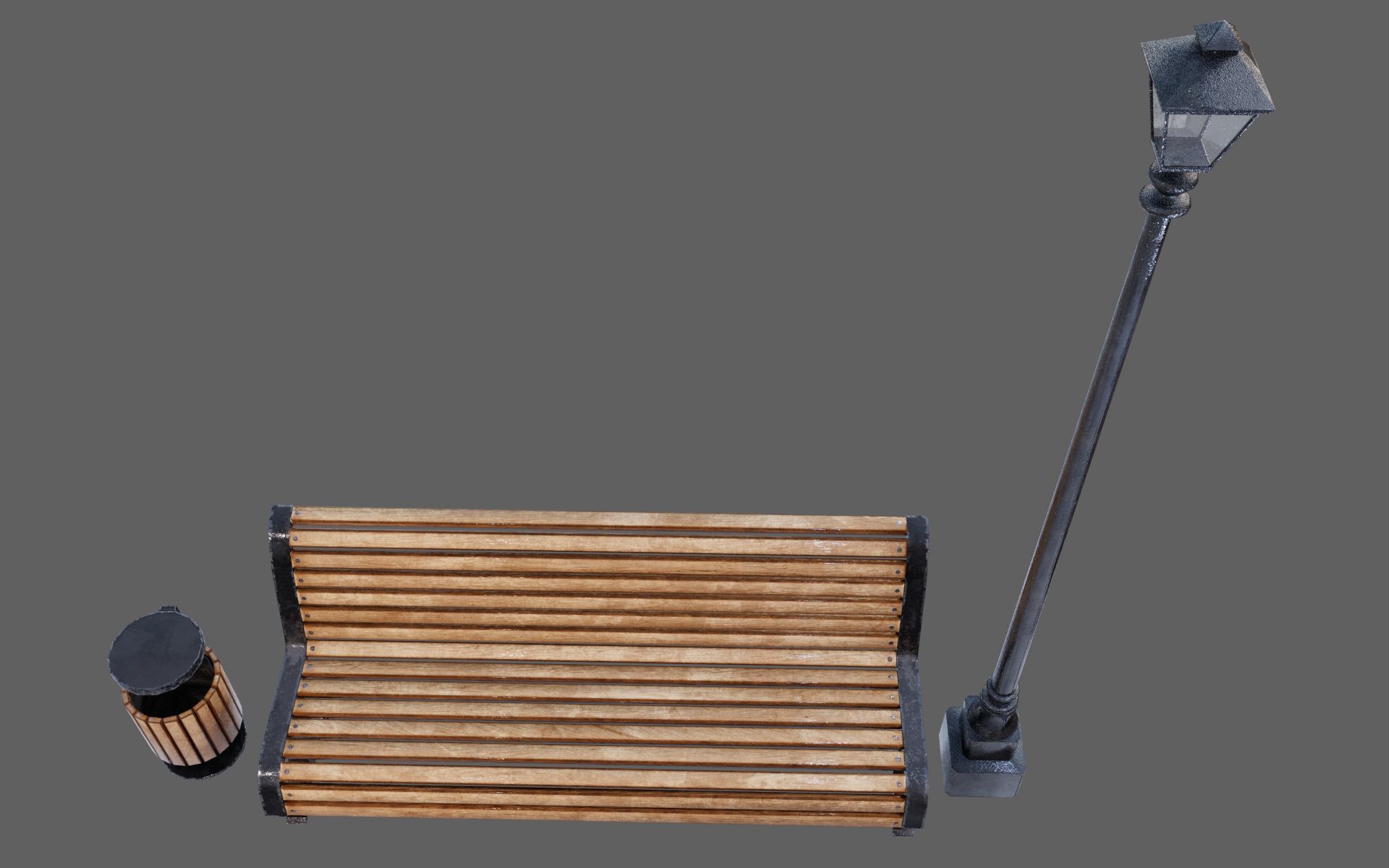 Urban Bench Set - 3 Variations - Trash Bin and Street Lamp Low-poly 3D model_6