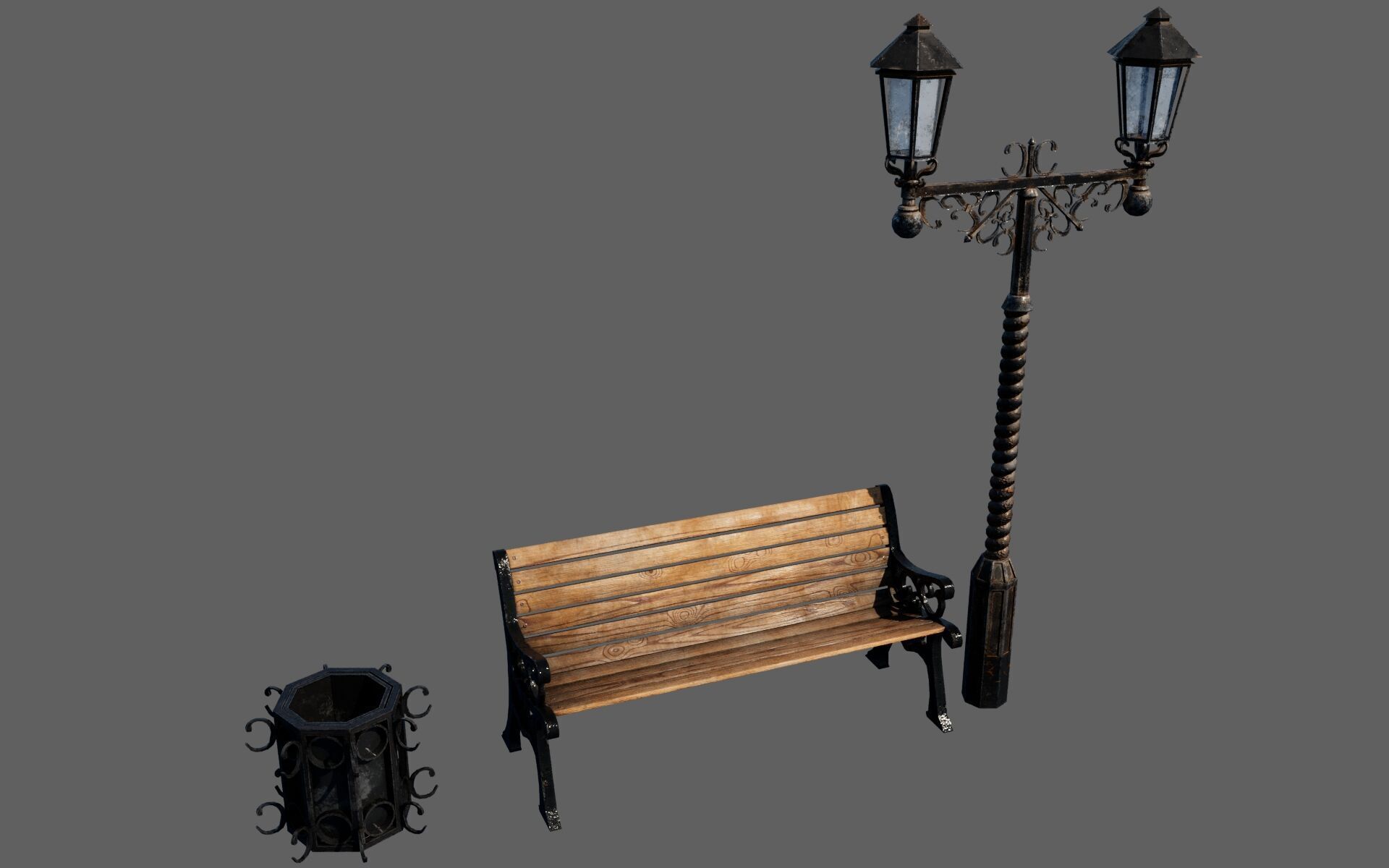 Urban Bench Set - 3 Variations - Trash Bin and Street Lamp Low-poly 3D model_15