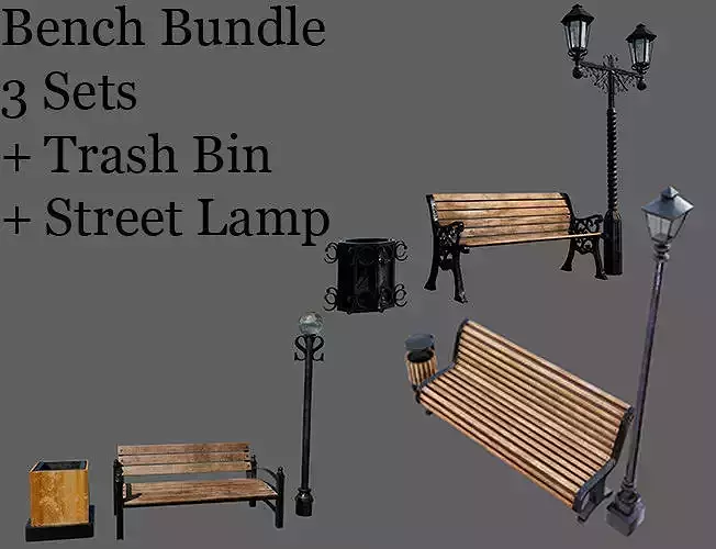 Urban Bench Set - 3 Variations - Trash Bin and Street Lamp Low-poly 3D model
