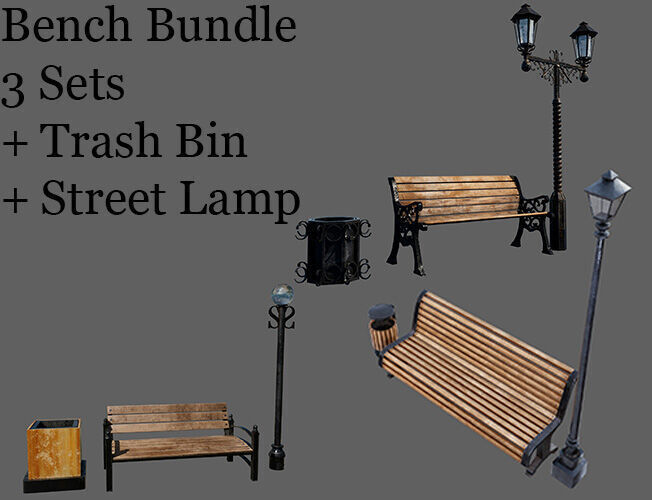 Urban Bench Set - 3 Variations - Trash Bin and Street Lamp Low-poly 3D model_0