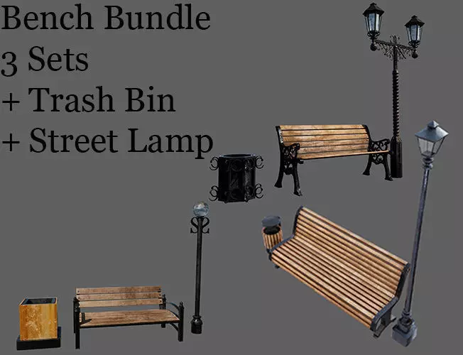 Urban Bench Set - 3 Variations - Trash Bin and Street Lamp Low-poly 3D model_0