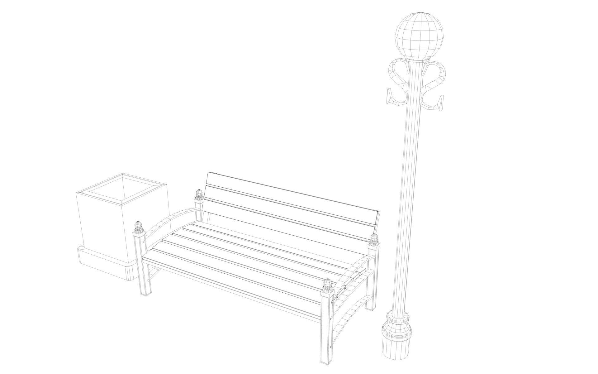 Urban Bench Set - 3 Variations - Trash Bin and Street Lamp Low-poly 3D model_38