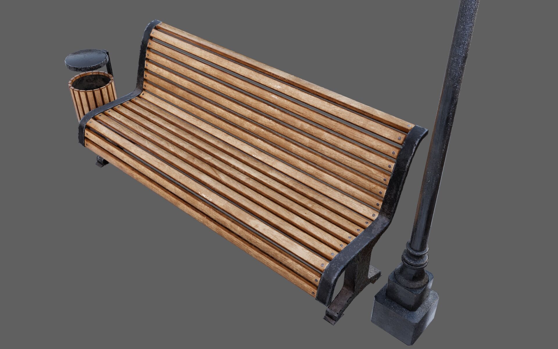 Urban Bench Set - 3 Variations - Trash Bin and Street Lamp Low-poly 3D model_3