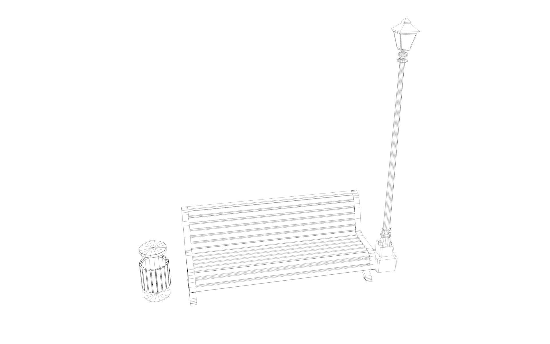 Urban Bench Set - 3 Variations - Trash Bin and Street Lamp Low-poly 3D model_43