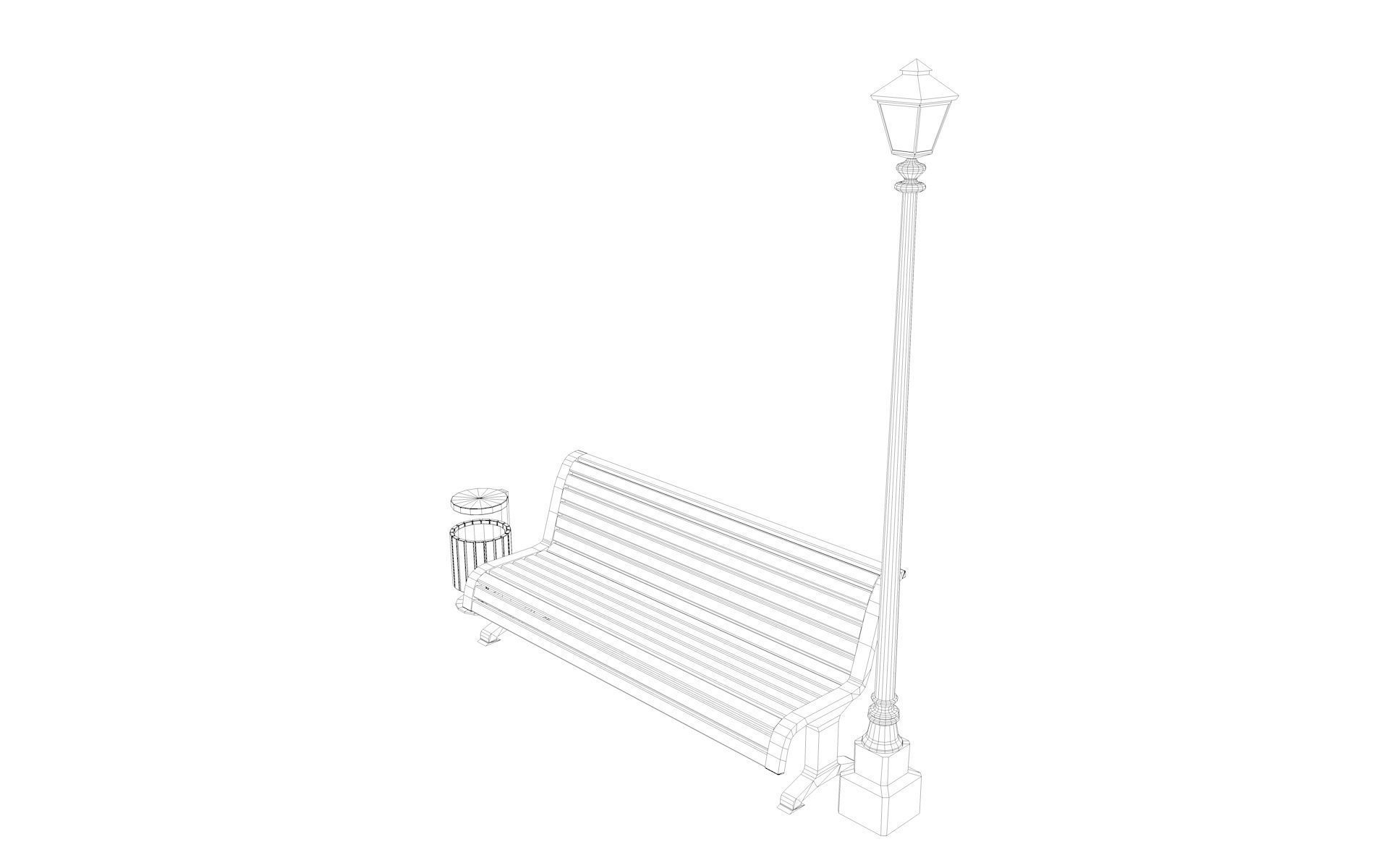 Urban Bench Set - 3 Variations - Trash Bin and Street Lamp Low-poly 3D model_44
