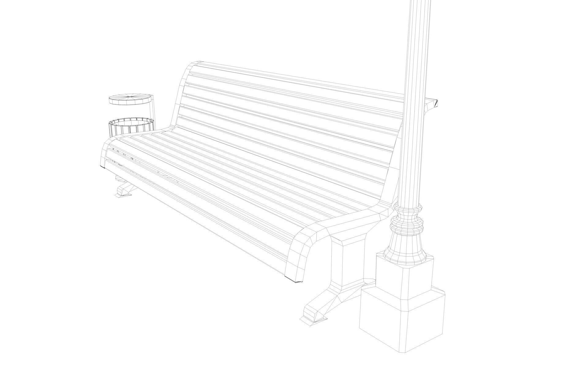 Urban Bench Set - 3 Variations - Trash Bin and Street Lamp Low-poly 3D model_42