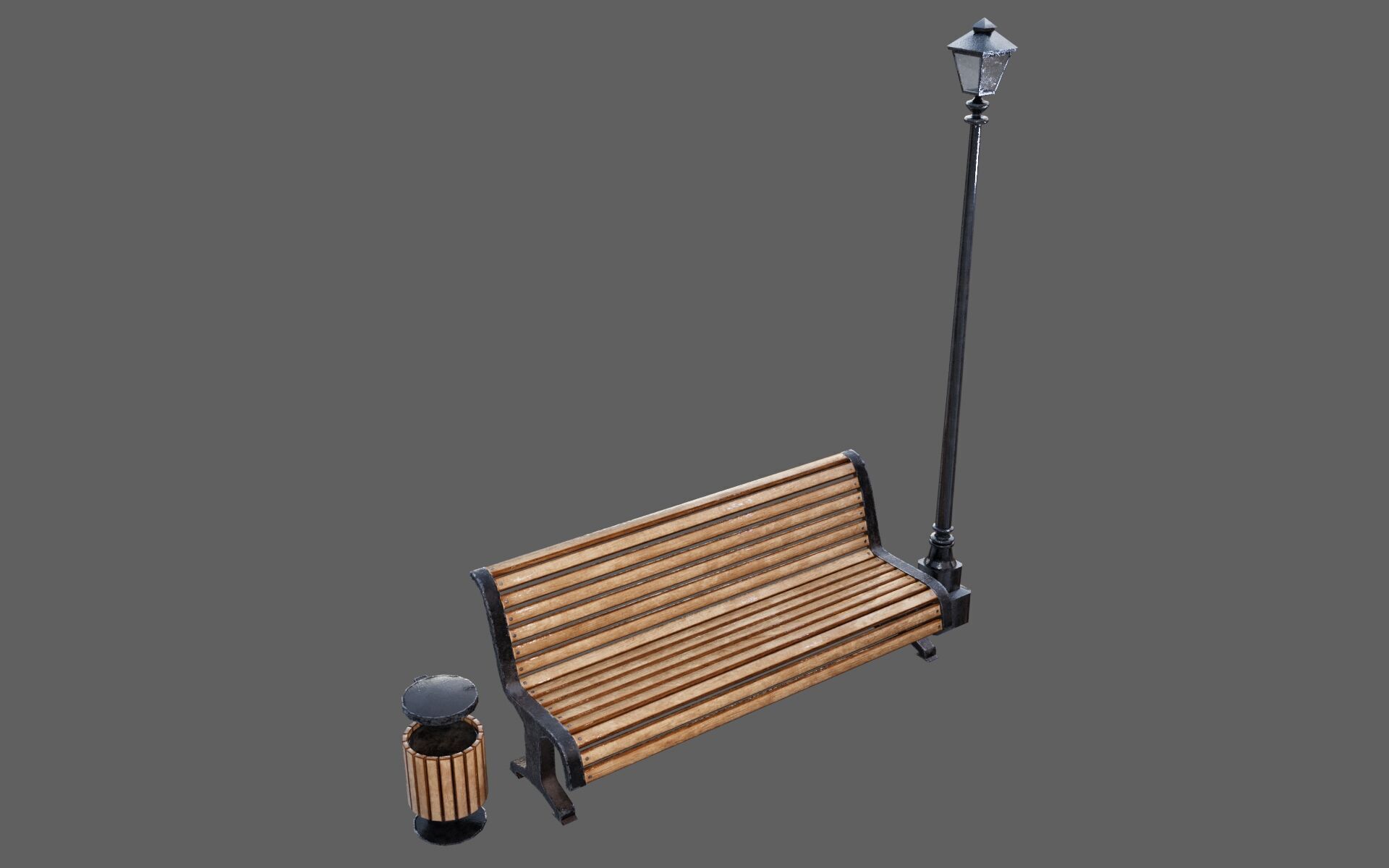 Urban Bench Set - 3 Variations - Trash Bin and Street Lamp Low-poly 3D model_4