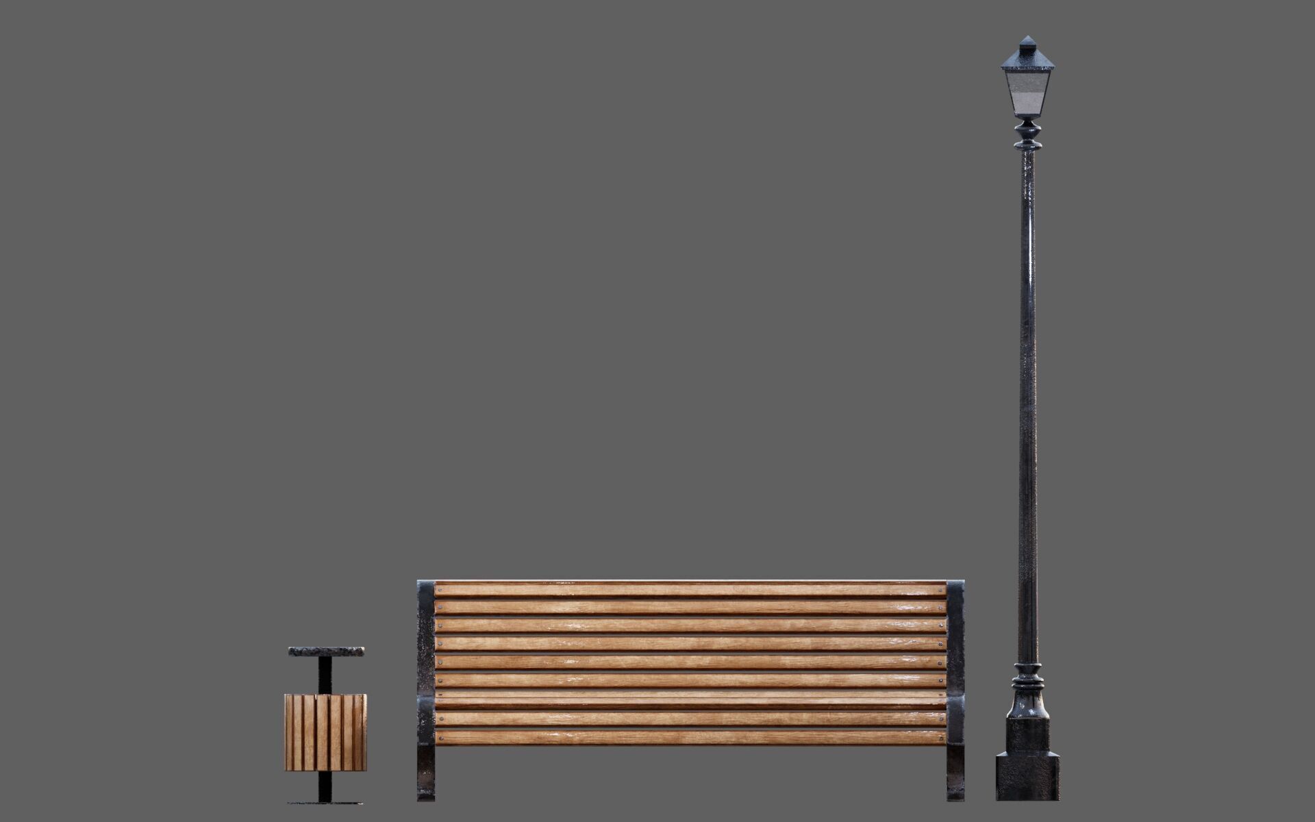 Urban Bench Set - 3 Variations - Trash Bin and Street Lamp Low-poly 3D model_1