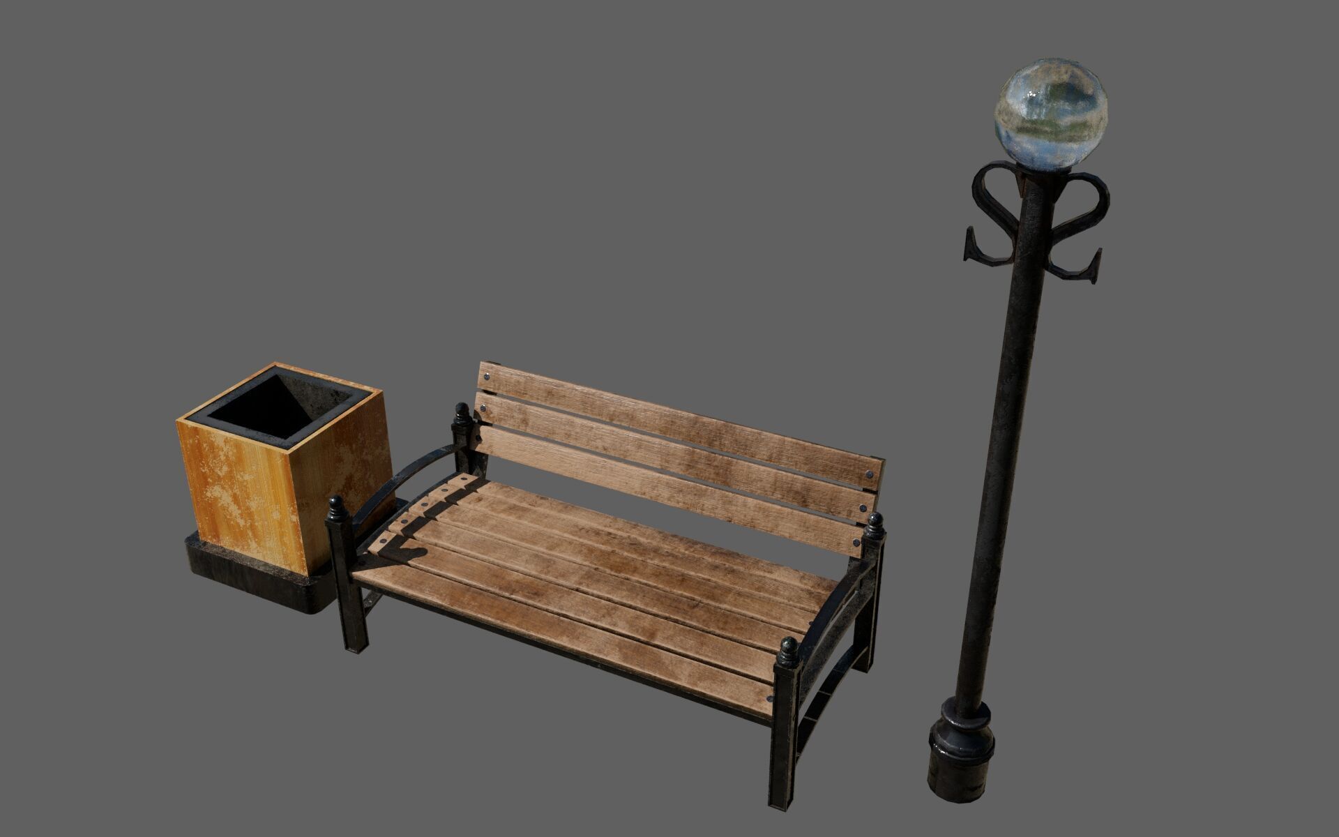 Urban Bench Set - 3 Variations - Trash Bin and Street Lamp Low-poly 3D model_27