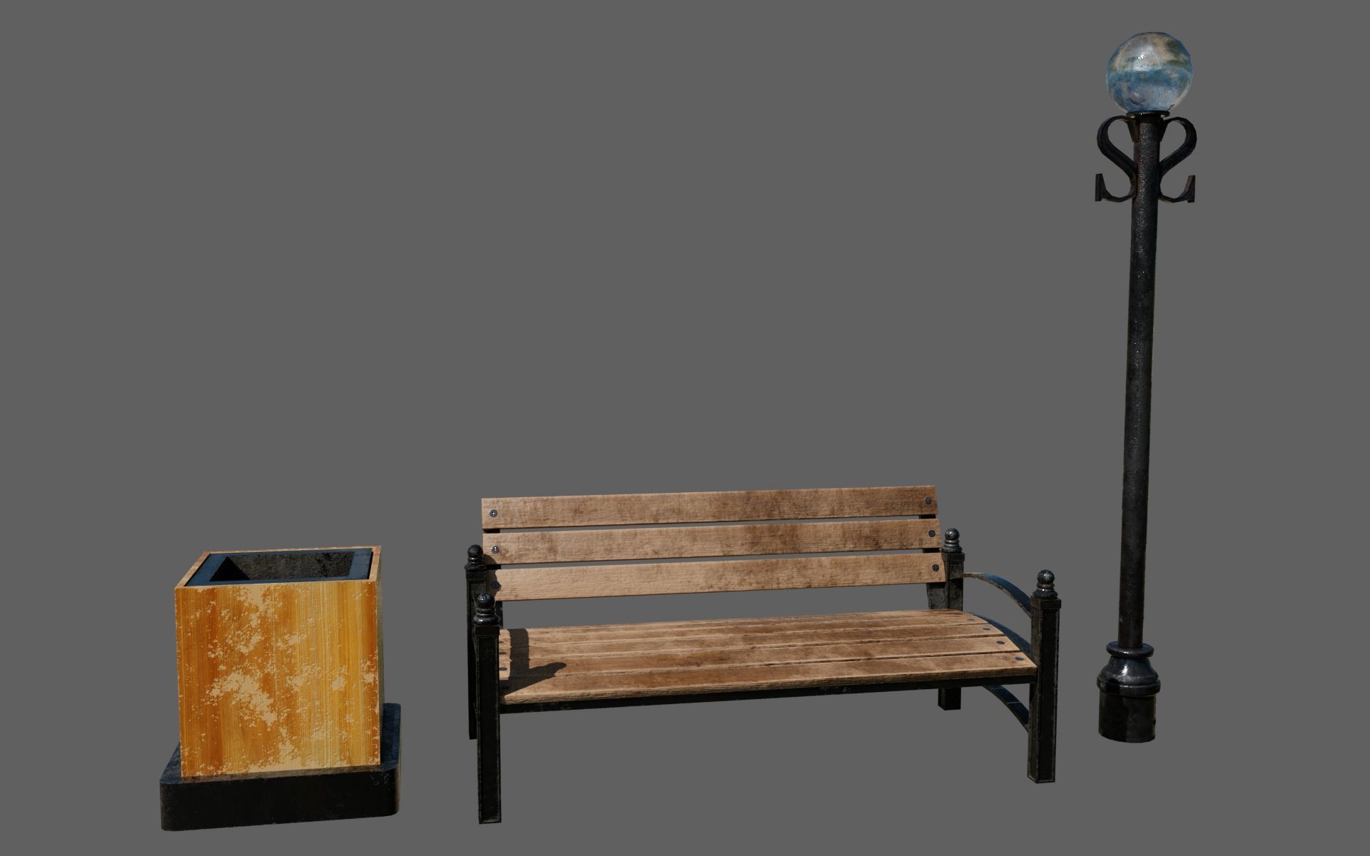 Urban Bench Set - 3 Variations - Trash Bin and Street Lamp Low-poly 3D model_26