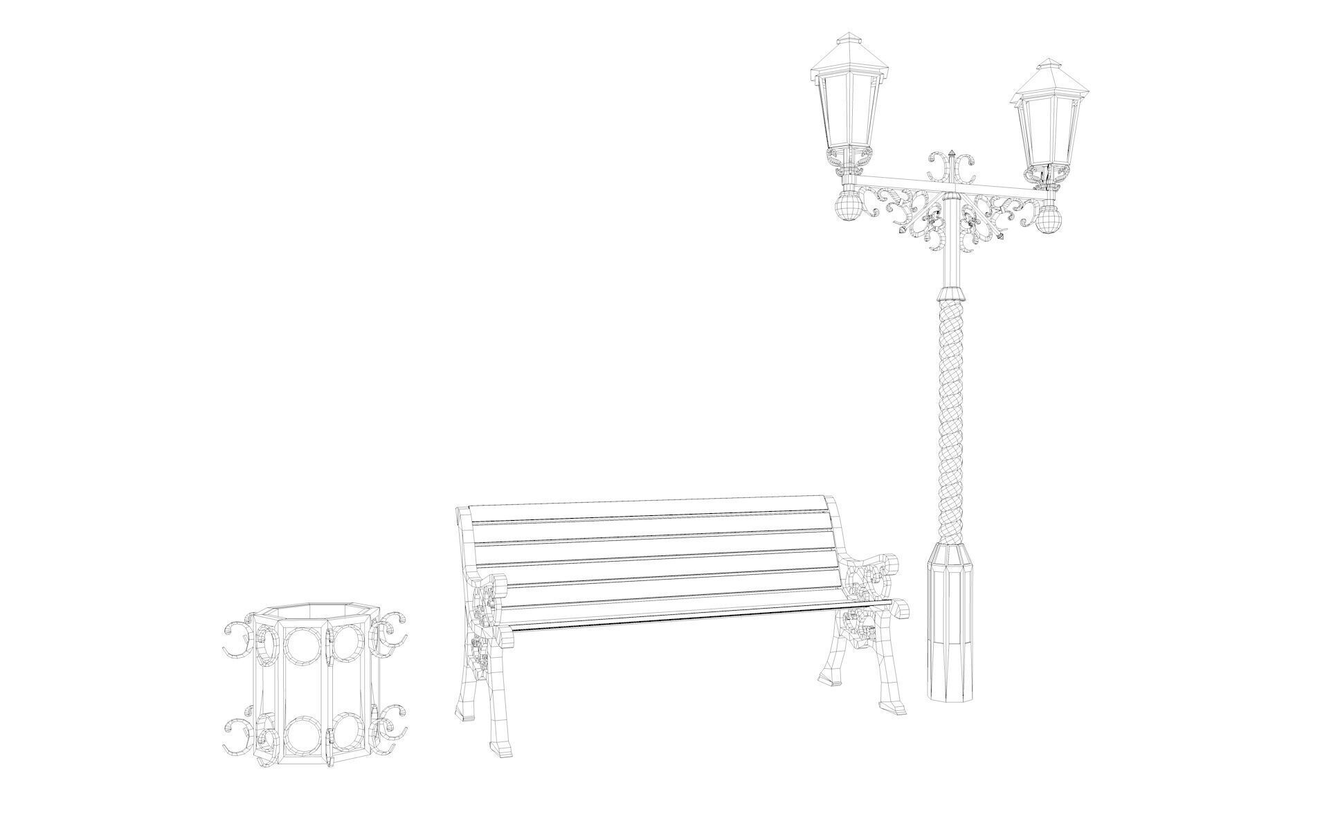 Urban Bench Set - 3 Variations - Trash Bin and Street Lamp Low-poly 3D model_45