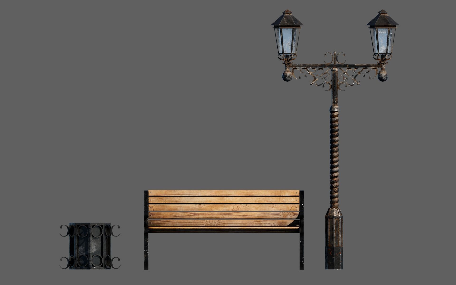 Urban Bench Set - 3 Variations - Trash Bin and Street Lamp Low-poly 3D model_13