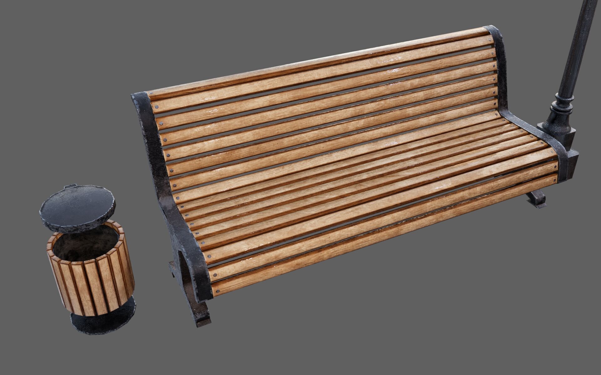 Urban Bench Set - 3 Variations - Trash Bin and Street Lamp Low-poly 3D model_5