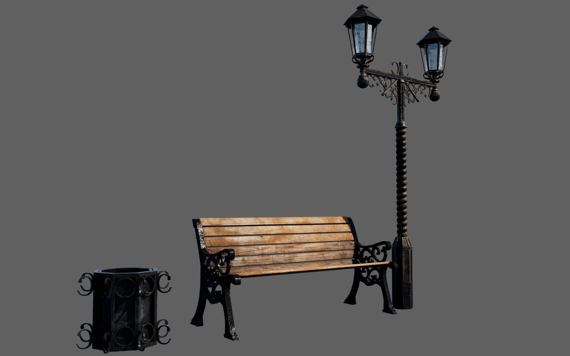 Urban Bench Set - 3 Variations - Trash Bin and Street Lamp Low-poly 3D model_14