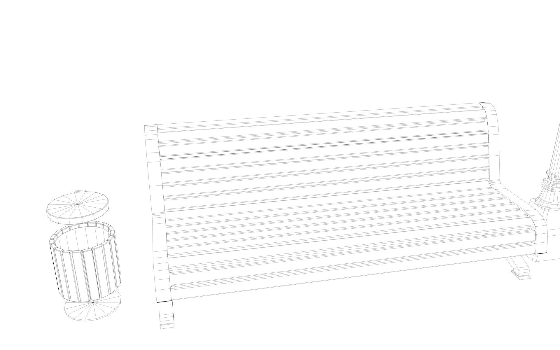 Urban Bench Set - 3 Variations - Trash Bin and Street Lamp Low-poly 3D model_40