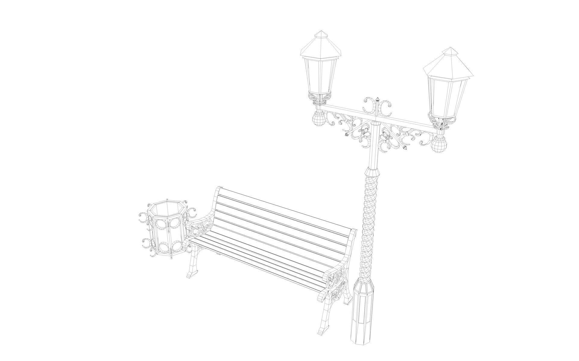 Urban Bench Set - 3 Variations - Trash Bin and Street Lamp Low-poly 3D model_41