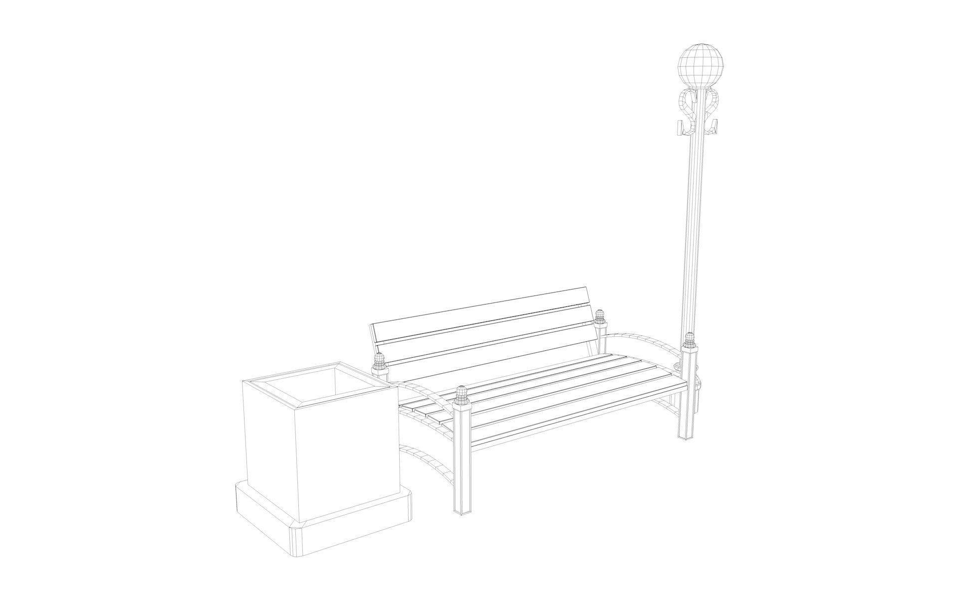 Urban Bench Set - 3 Variations - Trash Bin and Street Lamp Low-poly 3D model_37