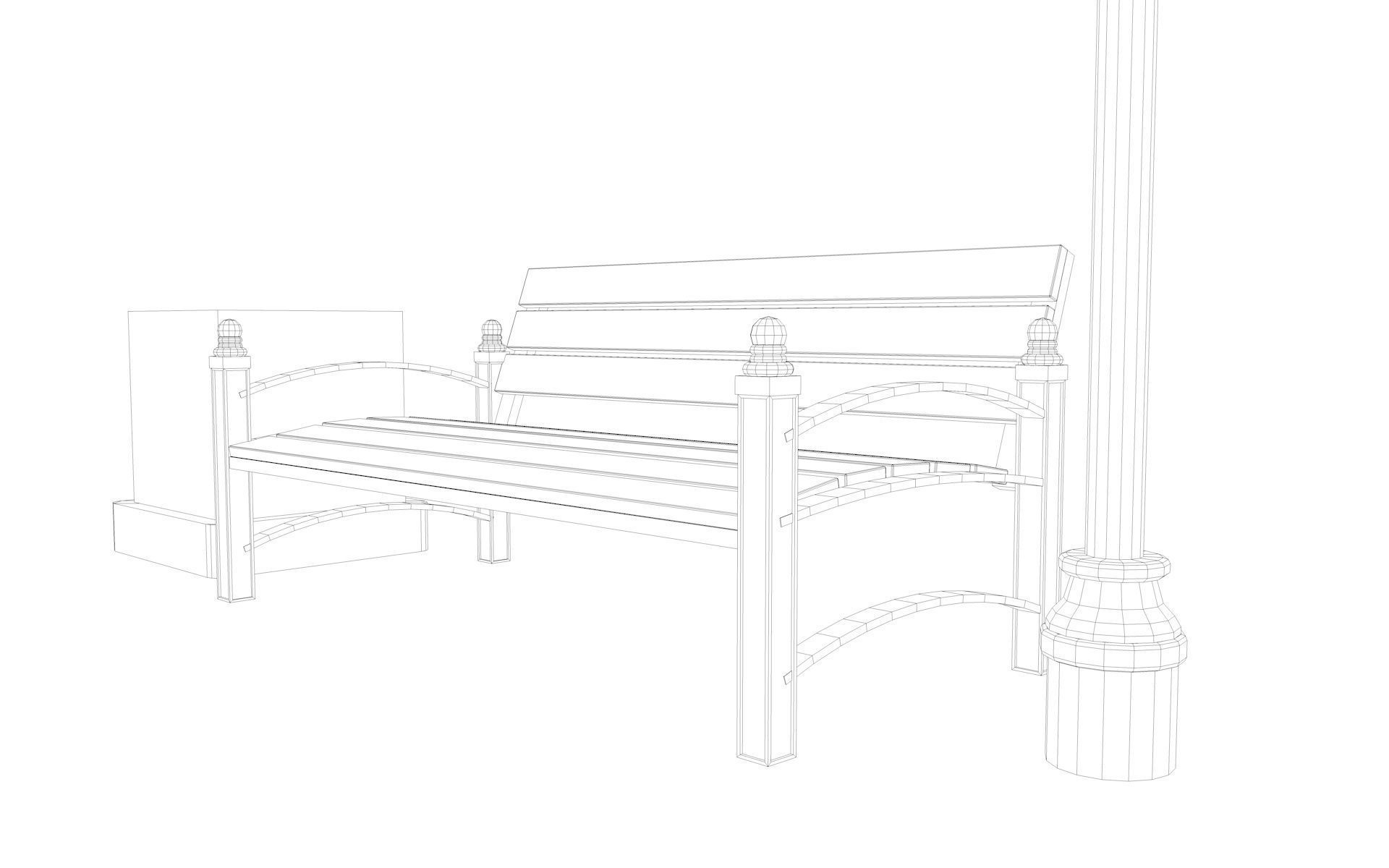 Urban Bench Set - 3 Variations - Trash Bin and Street Lamp Low-poly 3D model_46