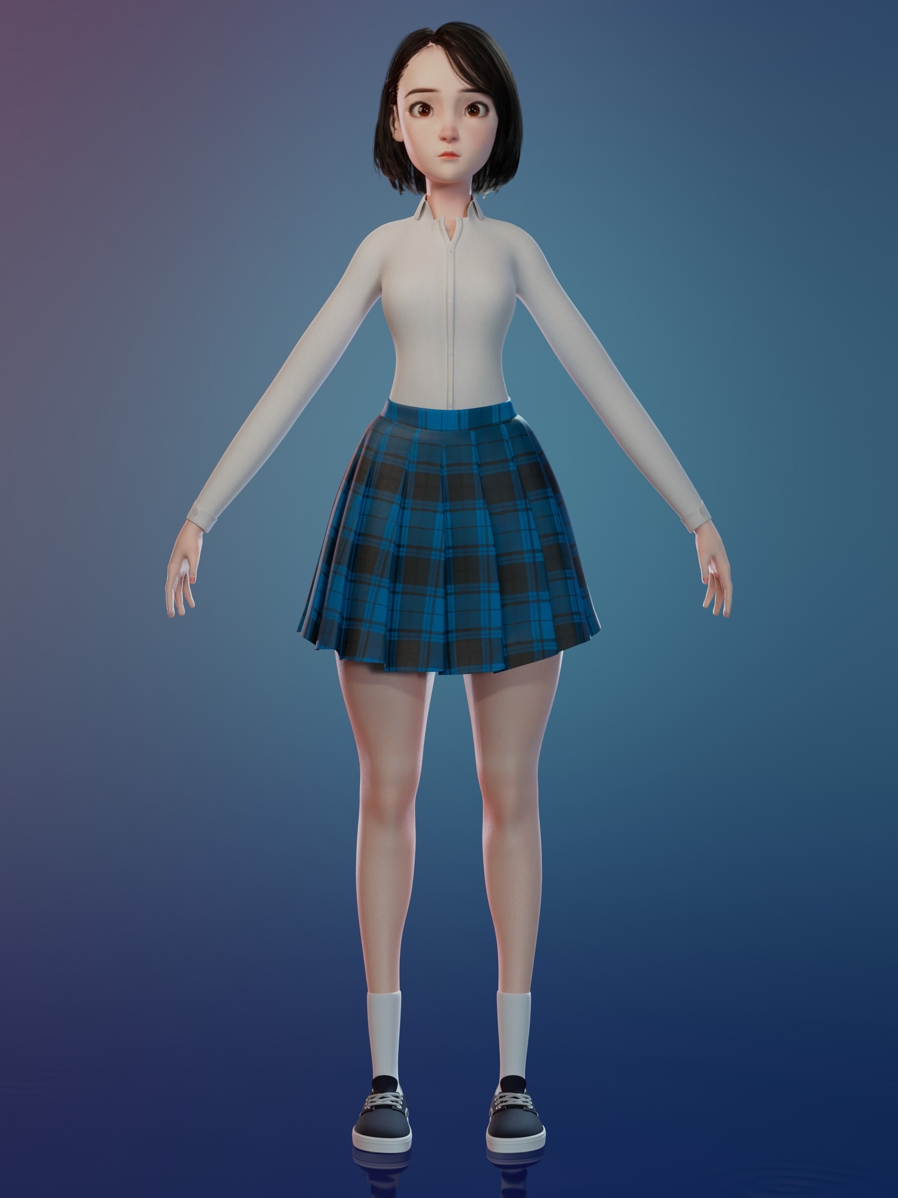 Korean Girl in School uniform in blender Low-poly Low-poly 3D model_6