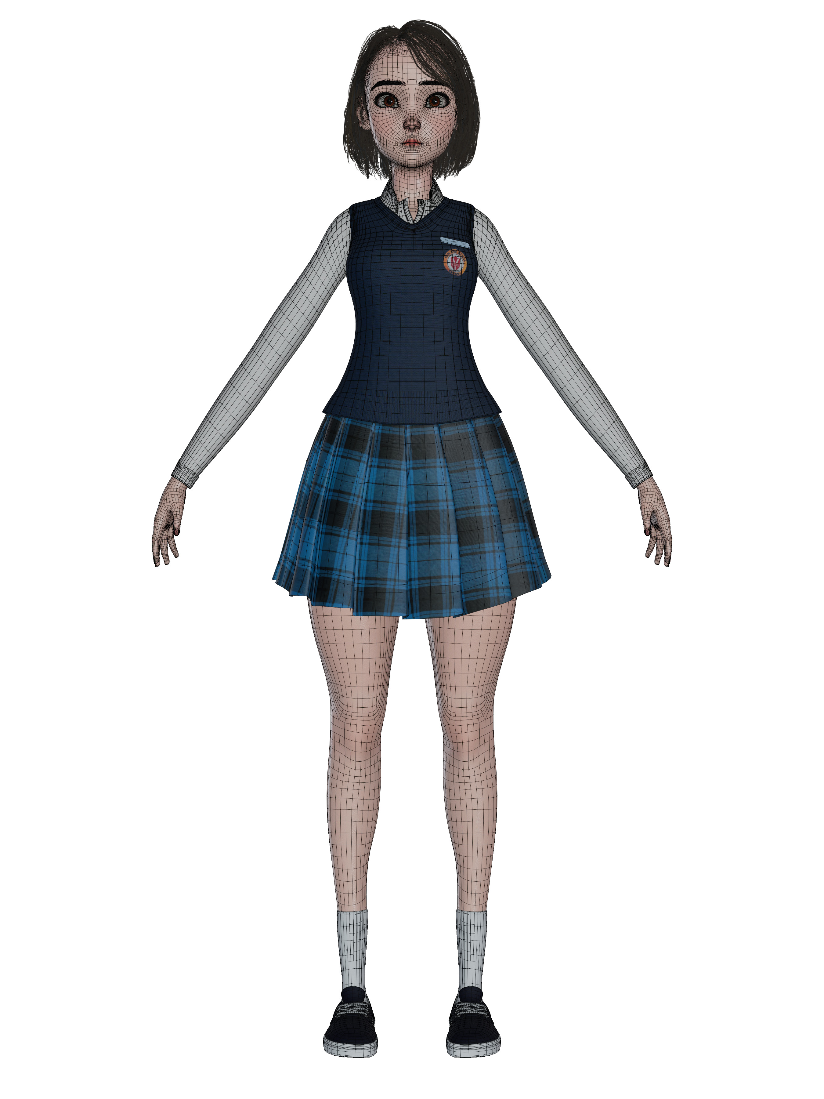 Korean Girl in School uniform in blender Low-poly Low-poly 3D model_9
