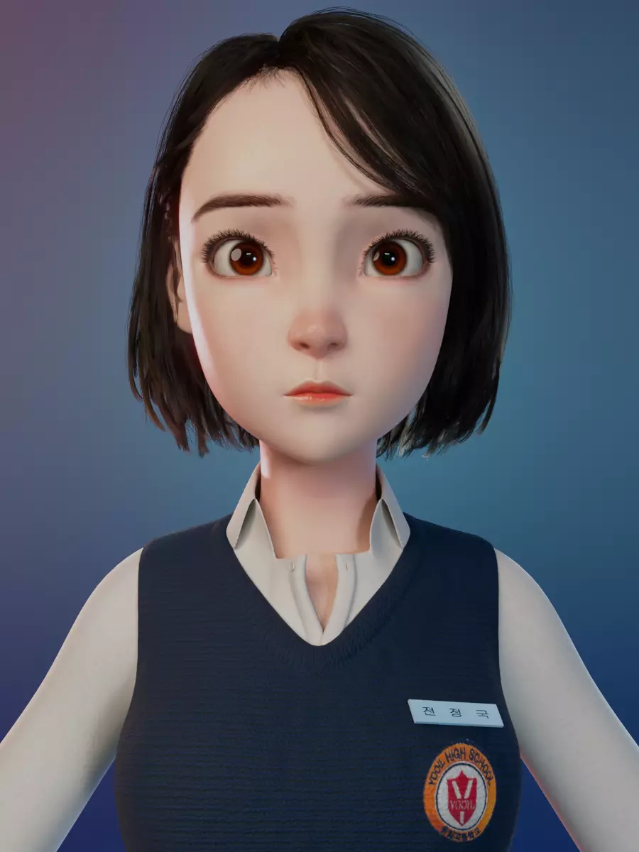 Korean Girl in School uniform in blender Low-poly Low-poly 3D model_0