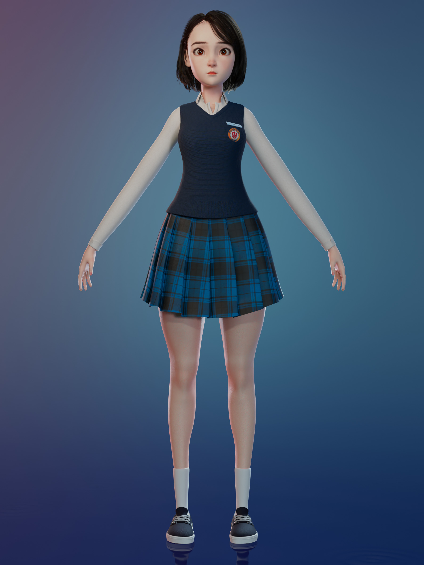 Korean Girl in School uniform in blender Low-poly Low-poly 3D model_2
