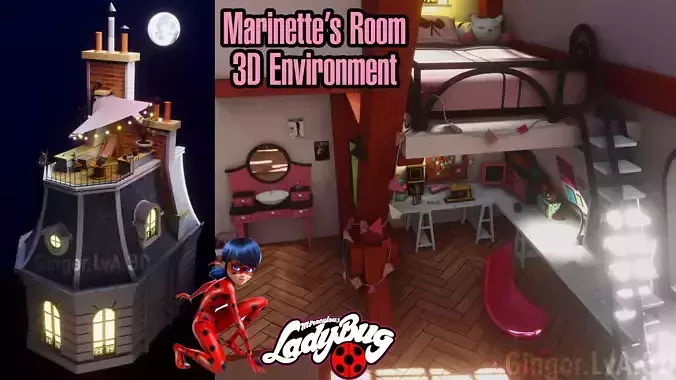 Miraculous Ladybug Marinette Room Low Poly 3D scene environment Low-poly 3D model
