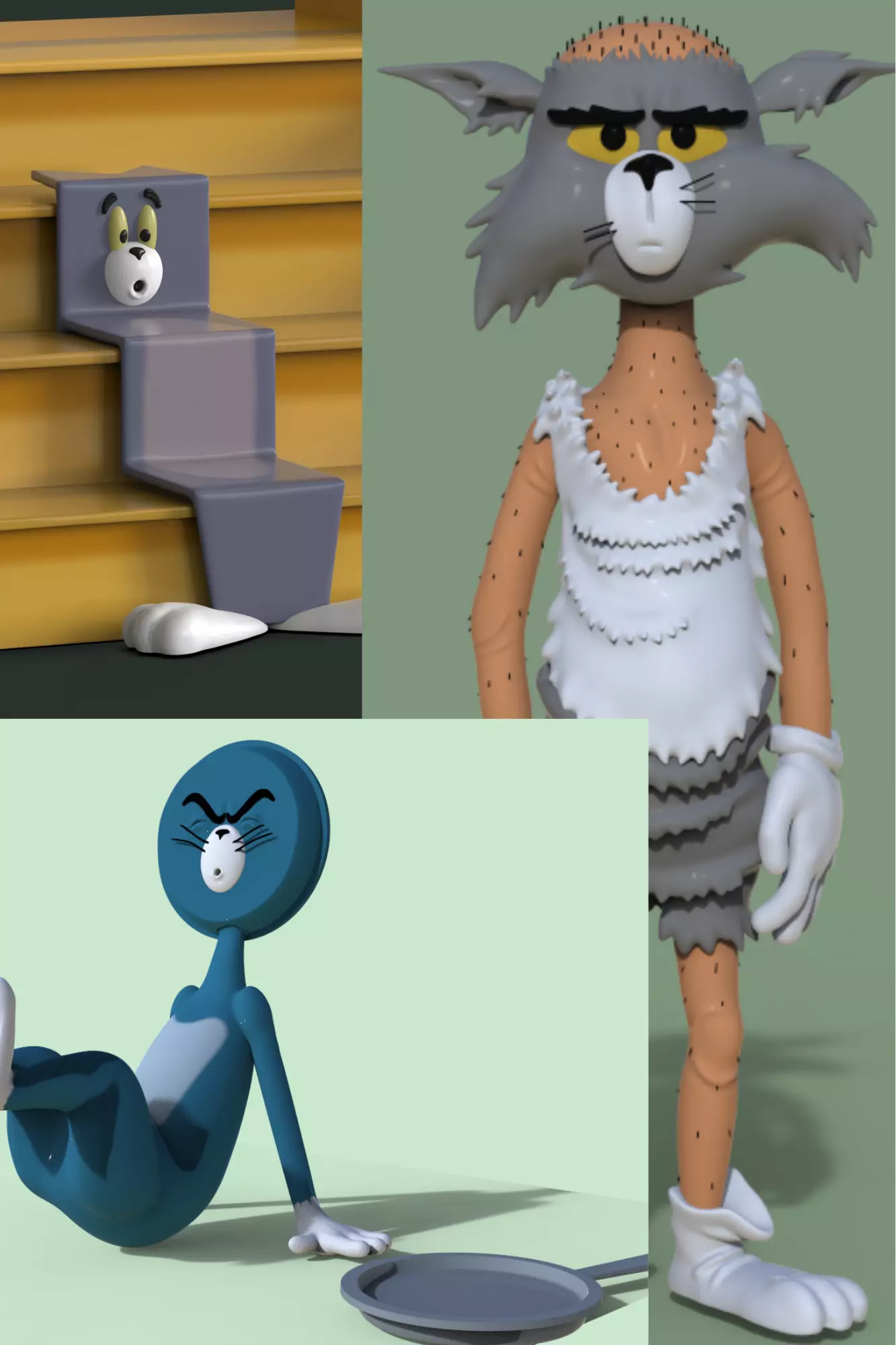 TOM AND JERRY PACK -BALD TOM-TOM PANSHAPED FACE AND STAIRSSHAPED 3D print model_0