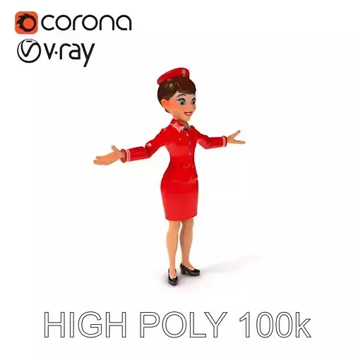 Animated Airline Stewardess D Model in Red Uniform TPose Low-poly 3D model