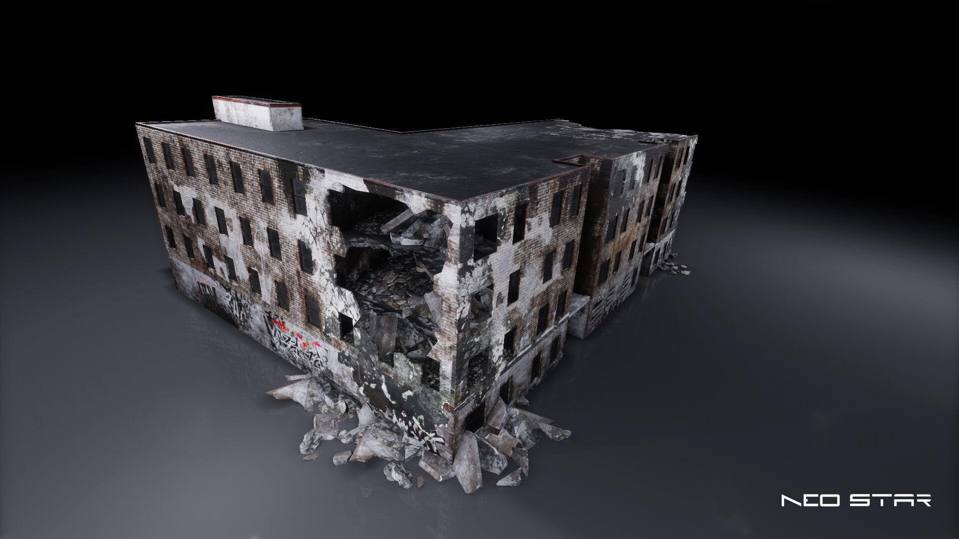 Low Poly Destroyed Building - Apartment Block Low-poly 3D model_2