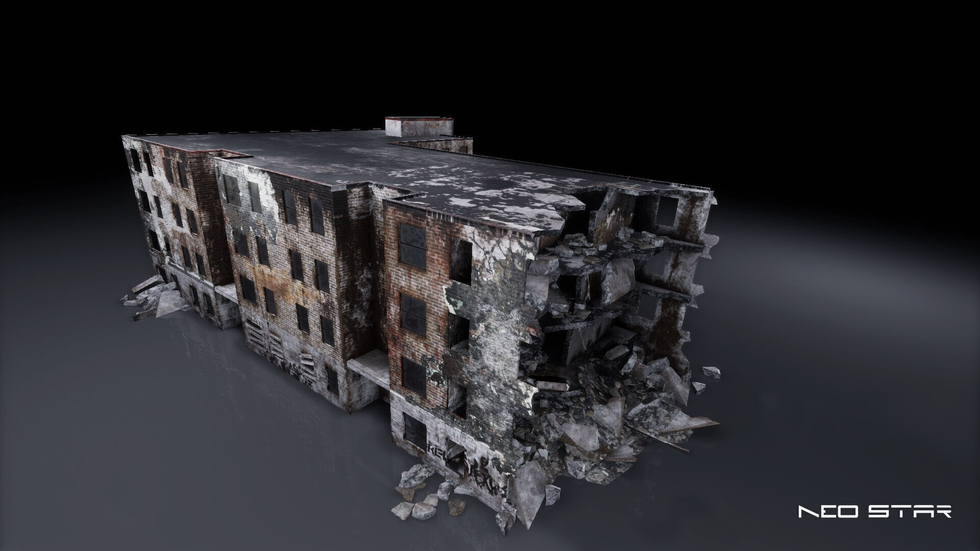 Low Poly Destroyed Building - Apartment Block Low-poly 3D model_3