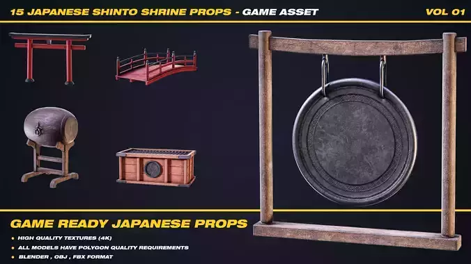 15 Japanese Shinto Shrine Props - VOL 01 - Game Asset 