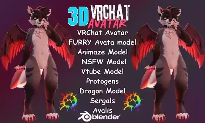 3d custom vrchat avatar model furry model vseeface fursona model