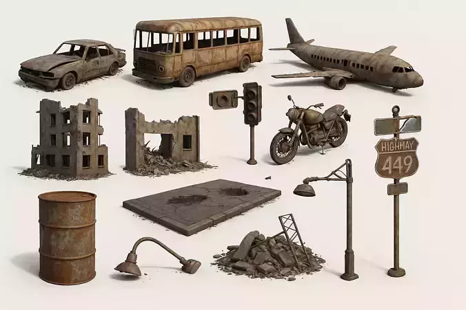 Post-Apocalyptic Street Kit Game Ready 3D Assets