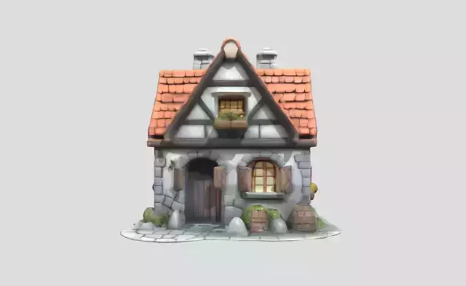 Wood and Stone House 3D Model PBR Textured Game Ready Low-poly 3D model