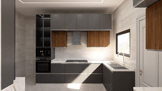 Contemporary Kitchen with corner bar 3D Model scene Low-poly 3D model