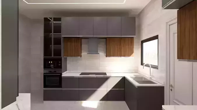Contemporary Kitchen with corner bar 3D Model scene Low-poly 3D model