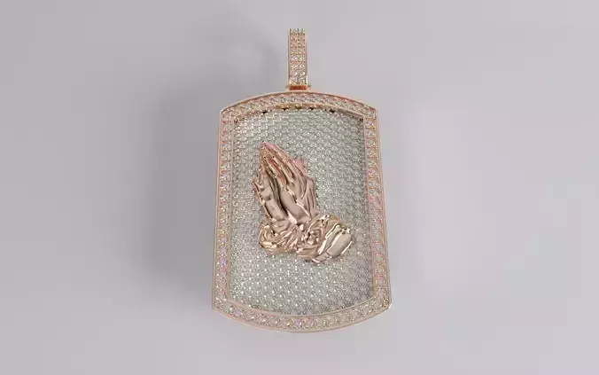 Praying Hands Dogtag Pendant - Round Diamond Back - Large