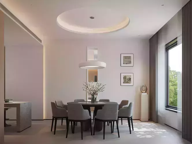 Modern Wood Style Villa Living and Dining Room 3D model