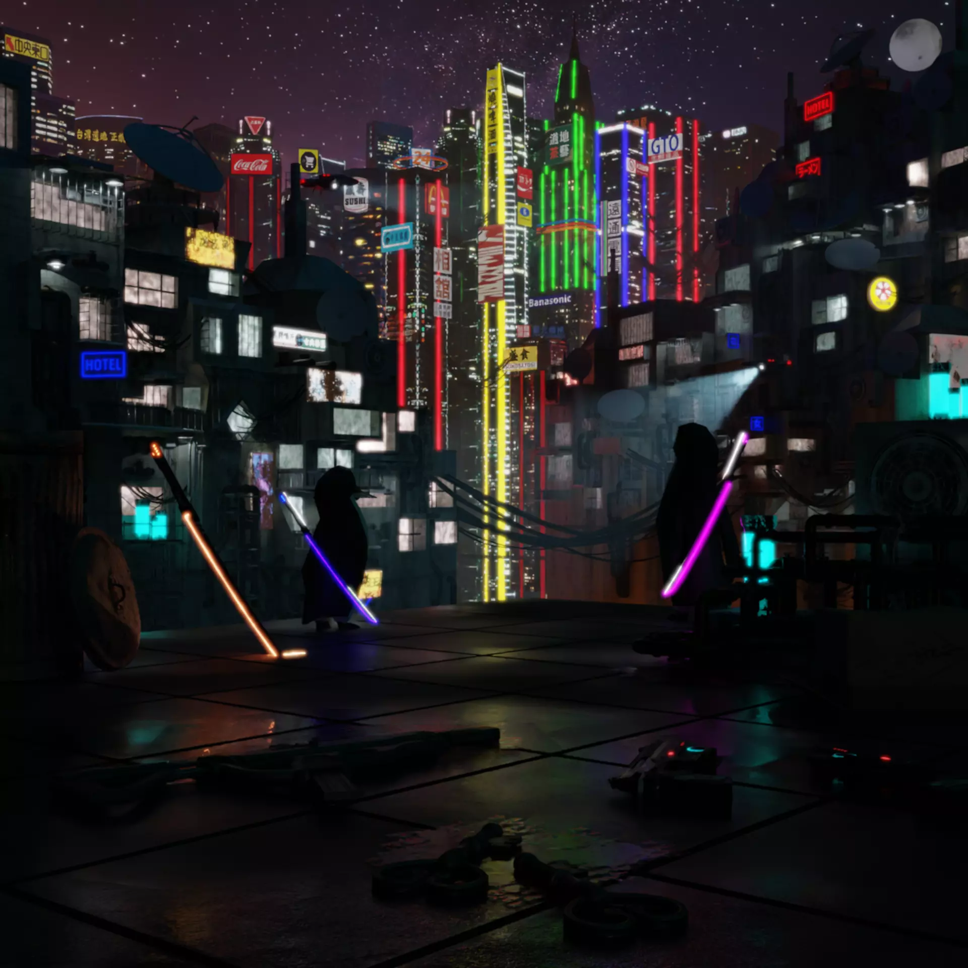 FREE Rooftop Cyberpunk City with Katana Free 3D Model Free 3D model_0
