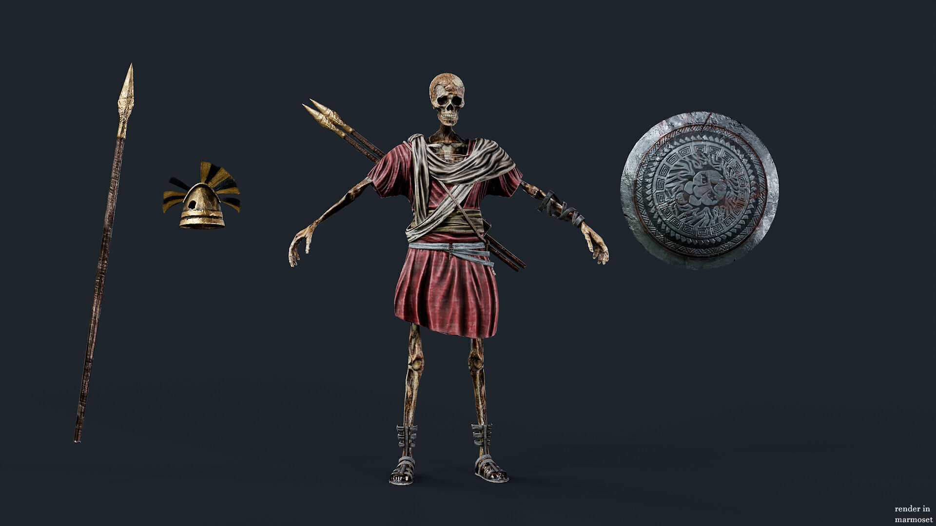 SKELETON SPARTAN SPEARMAN  Low-poly 3D model_7