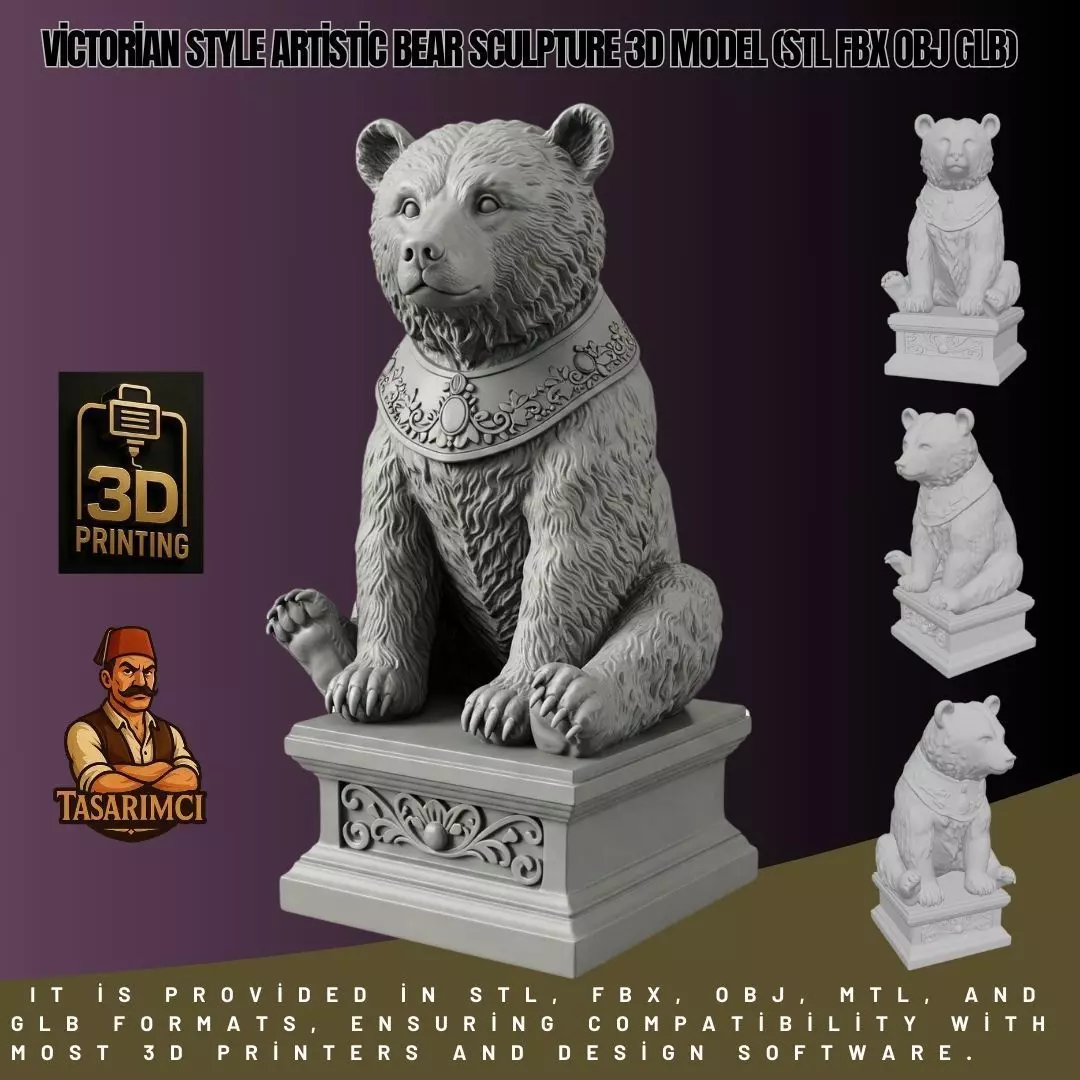 Victorian Style Artistic Bear Sculpture 3D Model STL FBX OBJ GLB 3D print model_0