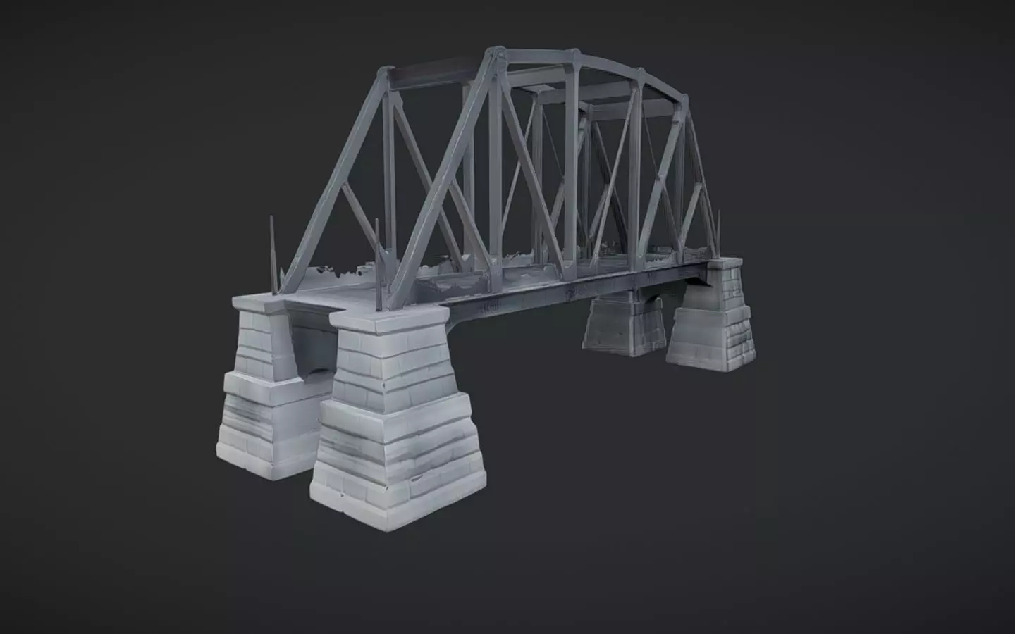 metal truss bridge with stone pillars 3D model