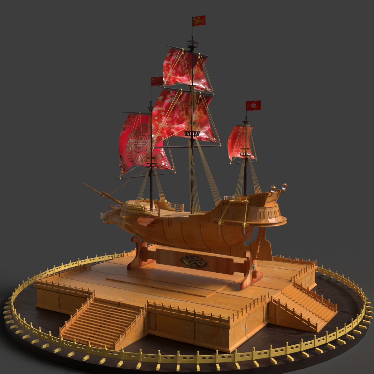 Chinese sail ship  Low-poly 3D model_6