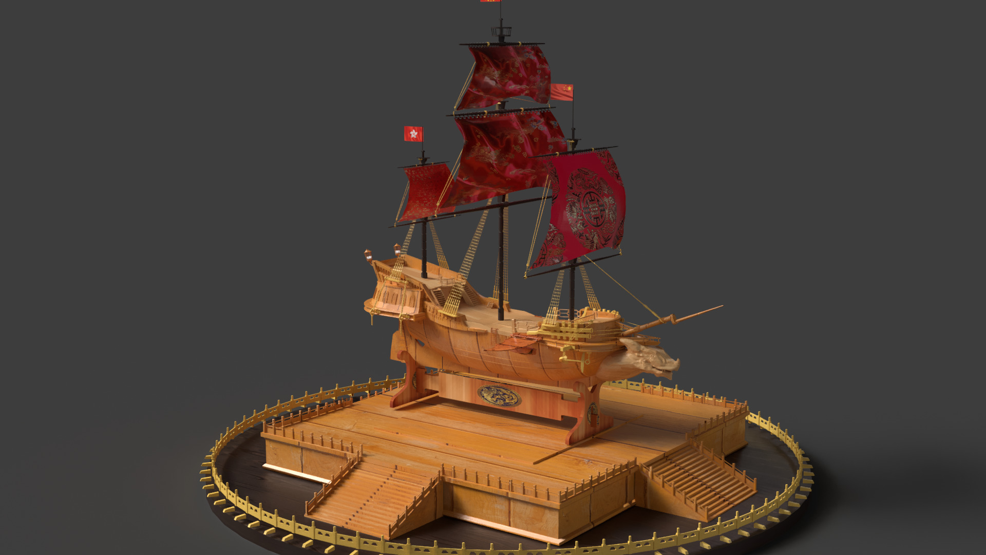 Chinese sail ship  Low-poly 3D model_3