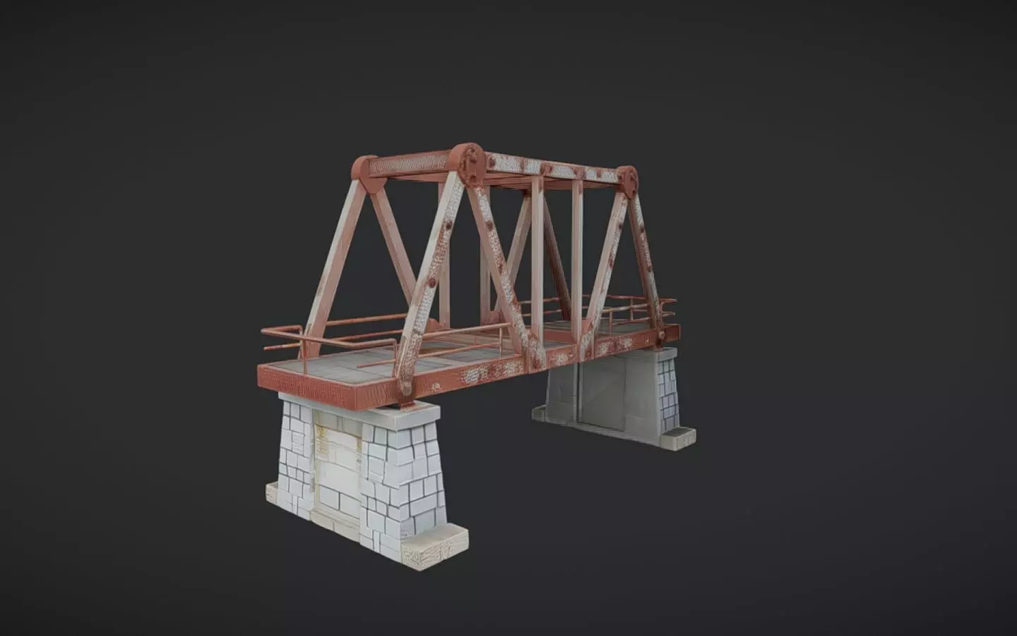 rusty steel truss bridge with stone supports 3D model