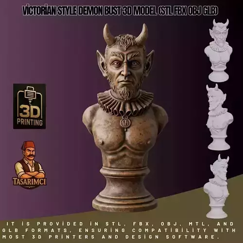 Victorian Style Demon Bust 3D Model STL FBX OBJ GLB 3D print model