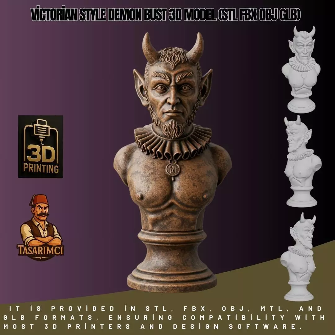 Victorian Style Demon Bust 3D Model STL FBX OBJ GLB 3D print model_0