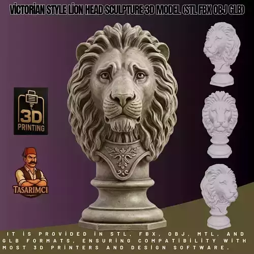 Victorian Style Lion Head Sculpture 3D Model STL FBX OBJ GLB